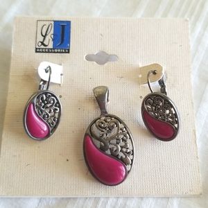 Vintage New LJ Silver Pink Pendant and Earrings